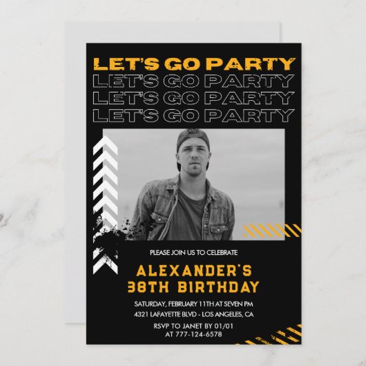 黒モダン人写真38歳 招待状 (正面/裏面)