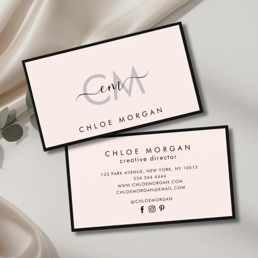 黒モダン光ピンク文字シグネチャーモノグラム 名刺