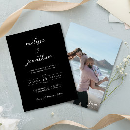 黒モダン写エレガント真Script Monogram結婚の 招待状