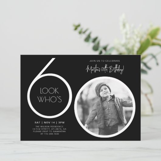 黒モダン写真60番目の誕生日招待状 招待状 (スタンド正面)
