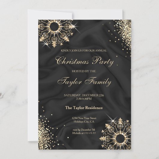 黒モダン冬金ゴールド雪クリスマスパーティー 招待状 (正面)