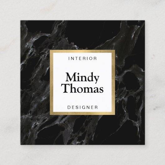 黒モダン大理石フェイク金ゴールド枠 スクエア名刺 (正面)