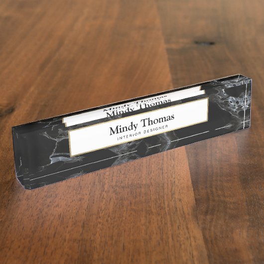 黒モダン大理石フェイク金ゴールド枠 デスクネームプレート (側面)