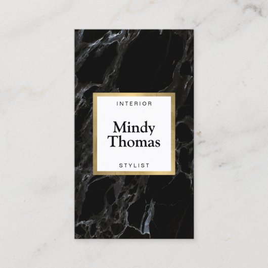 黒モダン大理石フェイク金ゴールド枠 名刺 (正面)