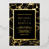 黒モダン大理石フォト結婚の金ゴールド 箔招待状 (正面)