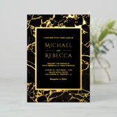 黒モダン大理石フォト結婚の金ゴールド 箔招待状 (立ち正面)