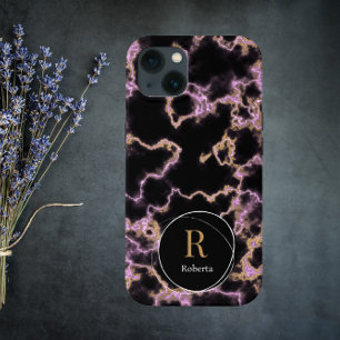 黒モダン大理石名前をカスタムするモノグラム iPhone 13ケース