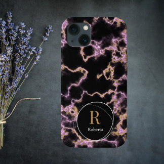 黒モダン大理石名前をカスタムするモノグラム iPhone 13ケース