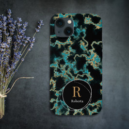 黒モダン大理石名前をカスタムするモノグラム iPhone 13ケース