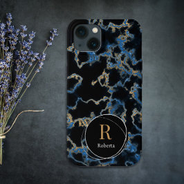 黒モダン大理石名前をカスタムするモノグラム iPhone 13ケース