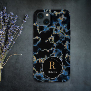 黒モダン大理石名前をカスタムするモノグラム iPhone 13ケース