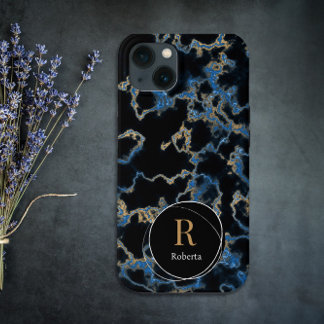 黒モダン大理石名前をカスタムするモノグラム iPhone 13ケース