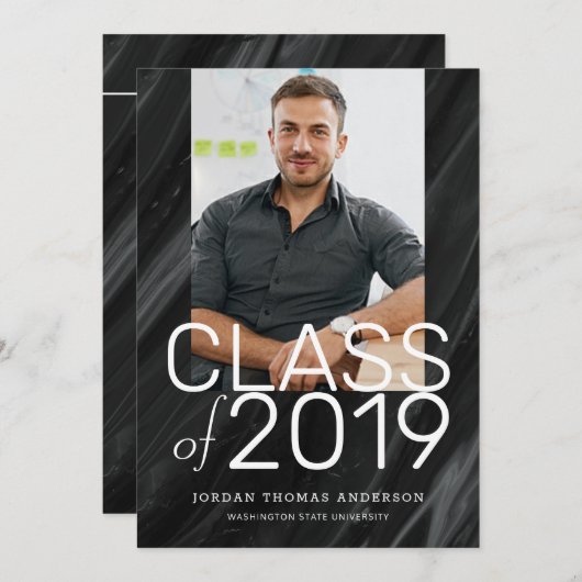 黒モダン大理石積み文字卒業写真 案内状 (正面/裏面)
