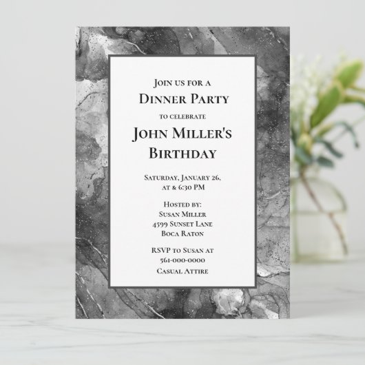 黒モダン大理石誕生日ディナーパーティーインビタ 招待状 (スタンド正面)