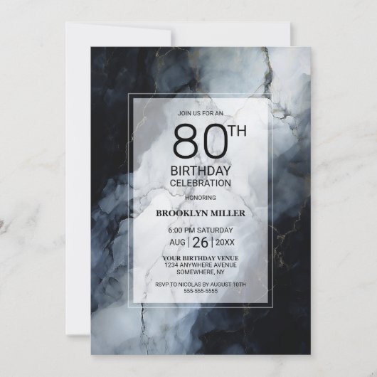 黒モダン大理石80th誕生日パーティー 招待状 (正面)