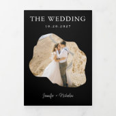 黒モダン婚式RSVP詳細QRコード写真 三つ折り招待状 (カバー)