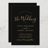 黒モダン字と金ゴールド書のスクリプ結婚ト 招待状 (正面/裏面)