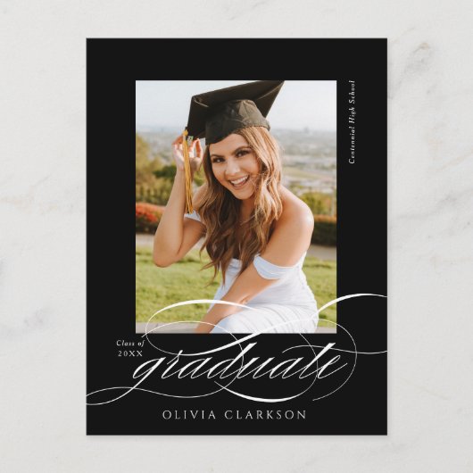 黒モダン字エレガント写真卒業パーティー ポストカード (正面)
