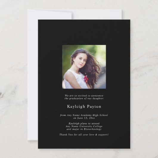 黒モダン字エレガント卒業写真 案内状 (裏面)