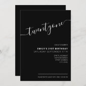 黒モダン字エレガント21歳の誕生日 招待状 (正面/裏面)