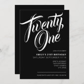 黒モダン字エレガント21歳の誕生日 招待状 (正面/裏面)
