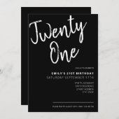 黒モダン字エレガント21歳の誕生日 招待状 (正面/裏面)