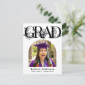 黒モダン字フローラ卒業招待状 ポストカード (スタンド正面)