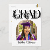 黒モダン字フローラ卒業招待状 ポストカード (正面/裏面)