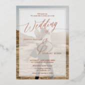 黒モダン字結婚の写真バラ金ゴールド 箔招待状 (正面)