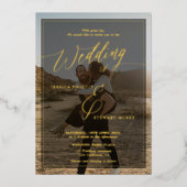 黒モダン字結婚の写真金ゴールド 箔招待状 (正面)