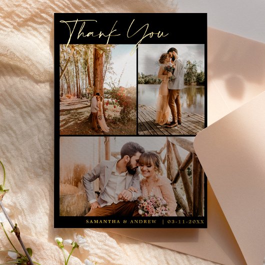 黒モダン字6枚の写結婚真 箔招待状