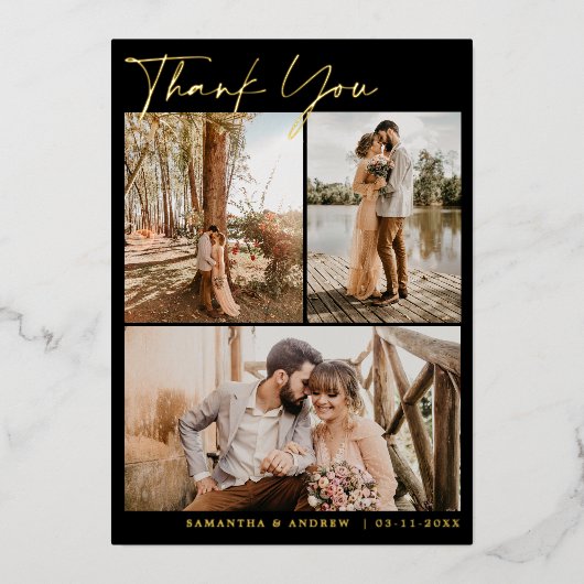 黒モダン字6枚の写結婚真 箔招待状 (正面)