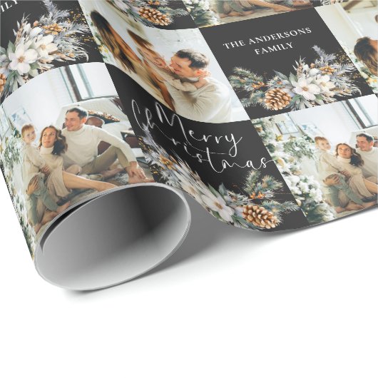 黒モダン家族エレガント写真メリークリスマス ラッピングペーパー (ロールコーナー)