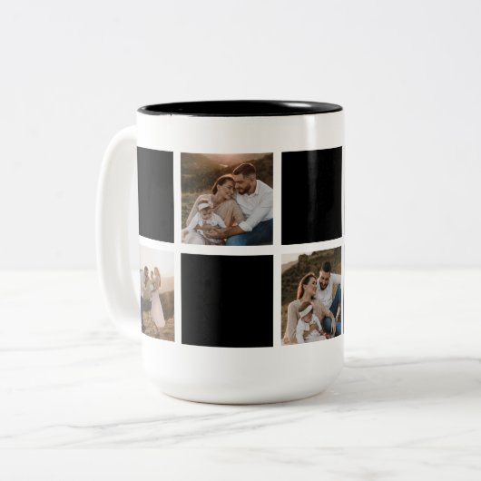 黒モダン市松模様に家族の写真コラージュ ツートーンマグカップ (正面左)