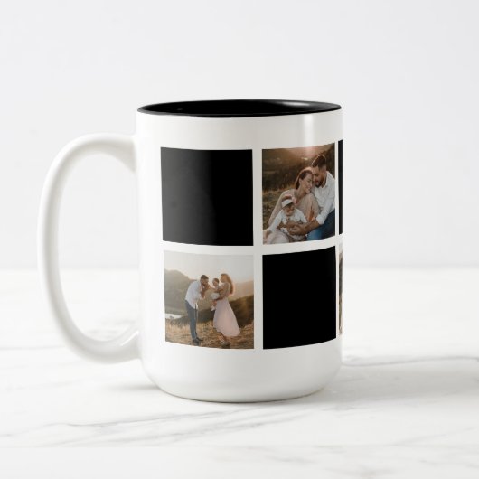 黒モダン市松模様に家族の写真コラージュ ツートーンマグカップ (左)