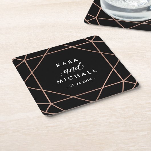 黒モダン幾何ダイヤ結婚モンド スクエアペーパーコースター (アングル)