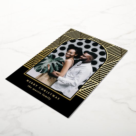 黒モダン幾何模様フォトクリスマス 箔シーズンカード (回転した状態)