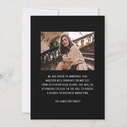 黒モダン弓エレガント2写真卒業 案内状 (裏面)