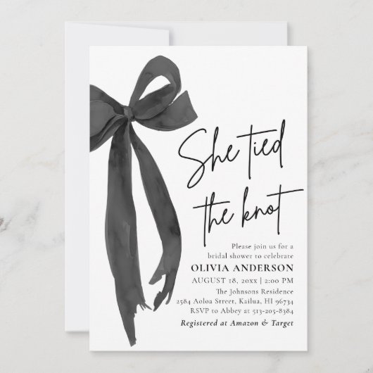 黒モダン弓She結び目ブライダルシャワー 招待状 (正面)