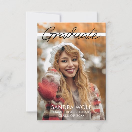 黒モダン手書きスクリプト写真卒業 招待状 (正面)