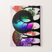 黒モダン数々のシルエットの木の色の葉 ジグソーパズル (縦)