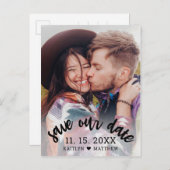 黒モダン文字の写真結婚の日付 案内ポストカード (正面/裏面)