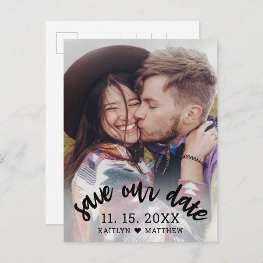 黒モダン文字の写真結婚の日付 案内ポストカード (正面/裏面)