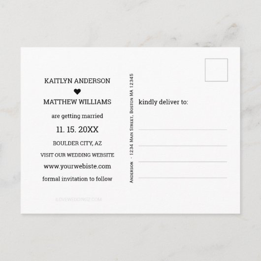 黒モダン文字の写真結婚の日付 案内ポストカード (裏面)