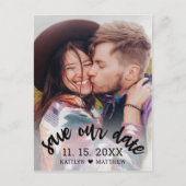 黒モダン文字の写真結婚の日付 案内ポストカード (正面)