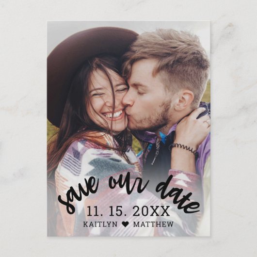 黒モダン文字の写真結婚の日付 案内ポストカード (正面)