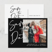 黒モダン文字の写真結婚式の日付を保存 案内ポストカード (正面/裏面)