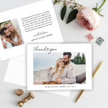黒モダン文字パーソナライズされた結婚の写真 サンキューカード<br><div class="desc">フラット横向結婚き感謝していのお気に入りモダンの写真カードと黒いミニマル台本「ありがとう」文字が可愛いハートアクセント。新郎新婦の写真お気に入りのと、カップルの名前のソシンプルン・セリフのモノグラムでフロントをパーソナライズ。背面には、2番目の写真とメッセージカスタムが含ま感謝していれている。注：白黒の配色は変更できる。</div>