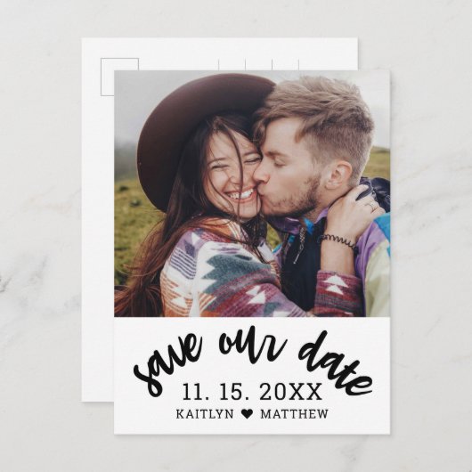 黒モダン文字フォトウェディング日付を保存 案内ポストカード (正面/裏面)