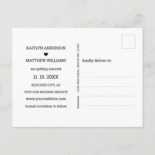 黒モダン文字フォトウェディング日付を保存 案内ポストカード (裏面)